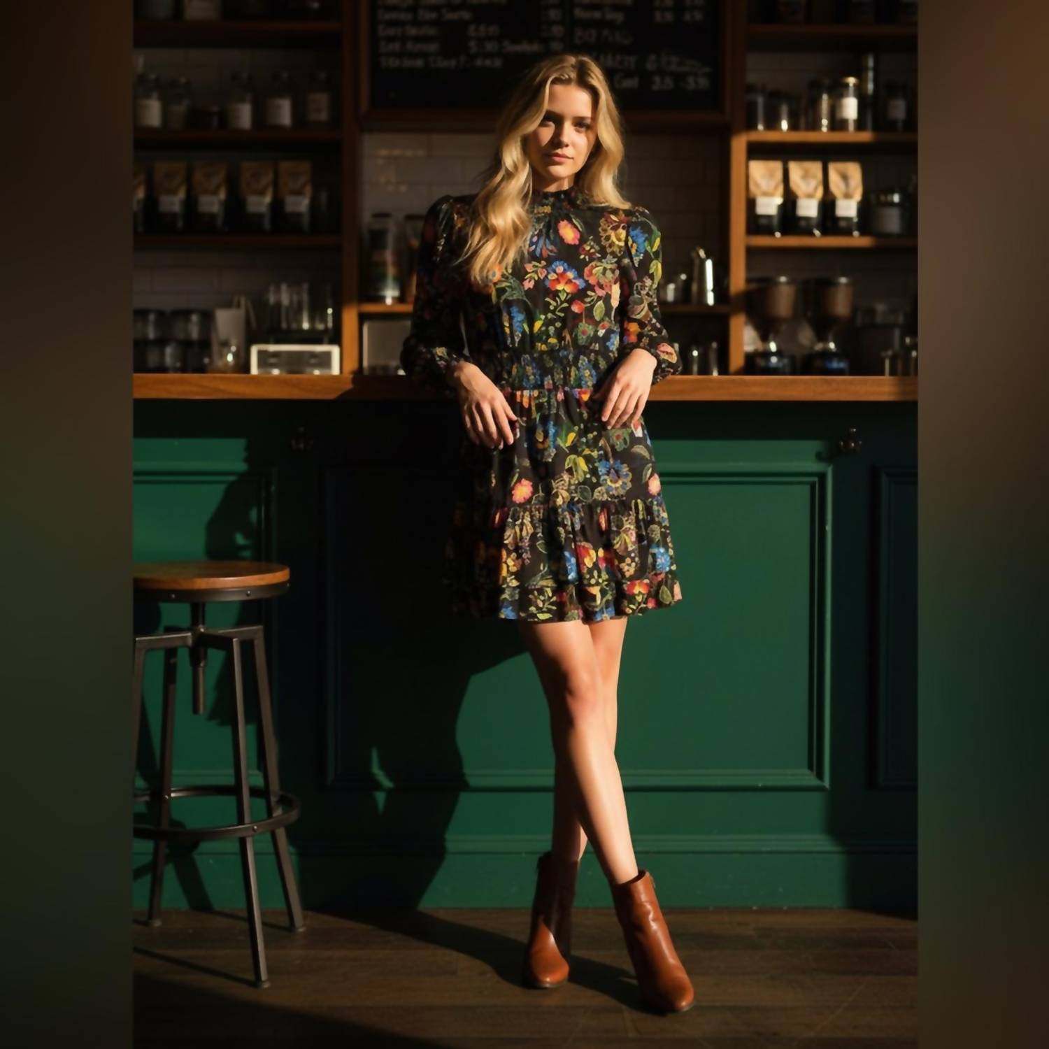Adrianna Papell Floral Long Sleeve Dress in black multicolor - women's dress - alternate view