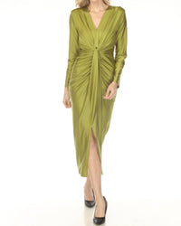 Joseph Ribkoff Ruched V-neck Satin Evening Midi Dress in fern green - women's dress