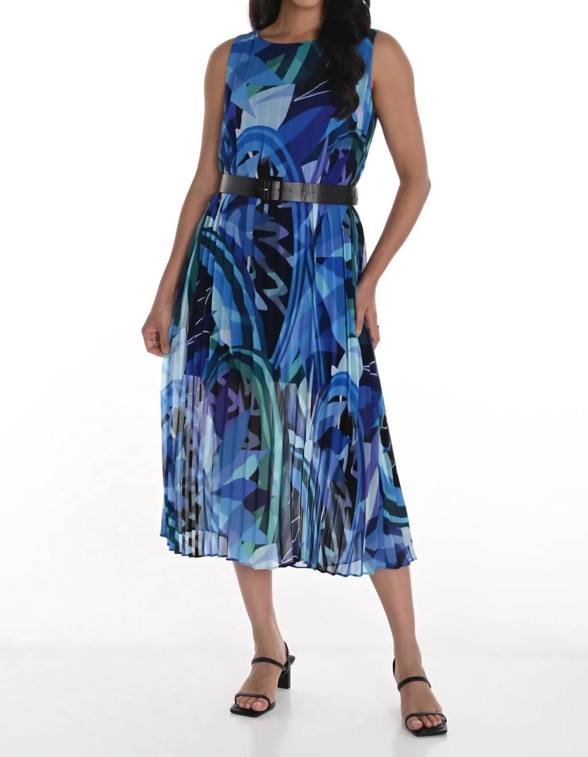 Frank Lyman - Pleated Chiffon Belted Midi Dress