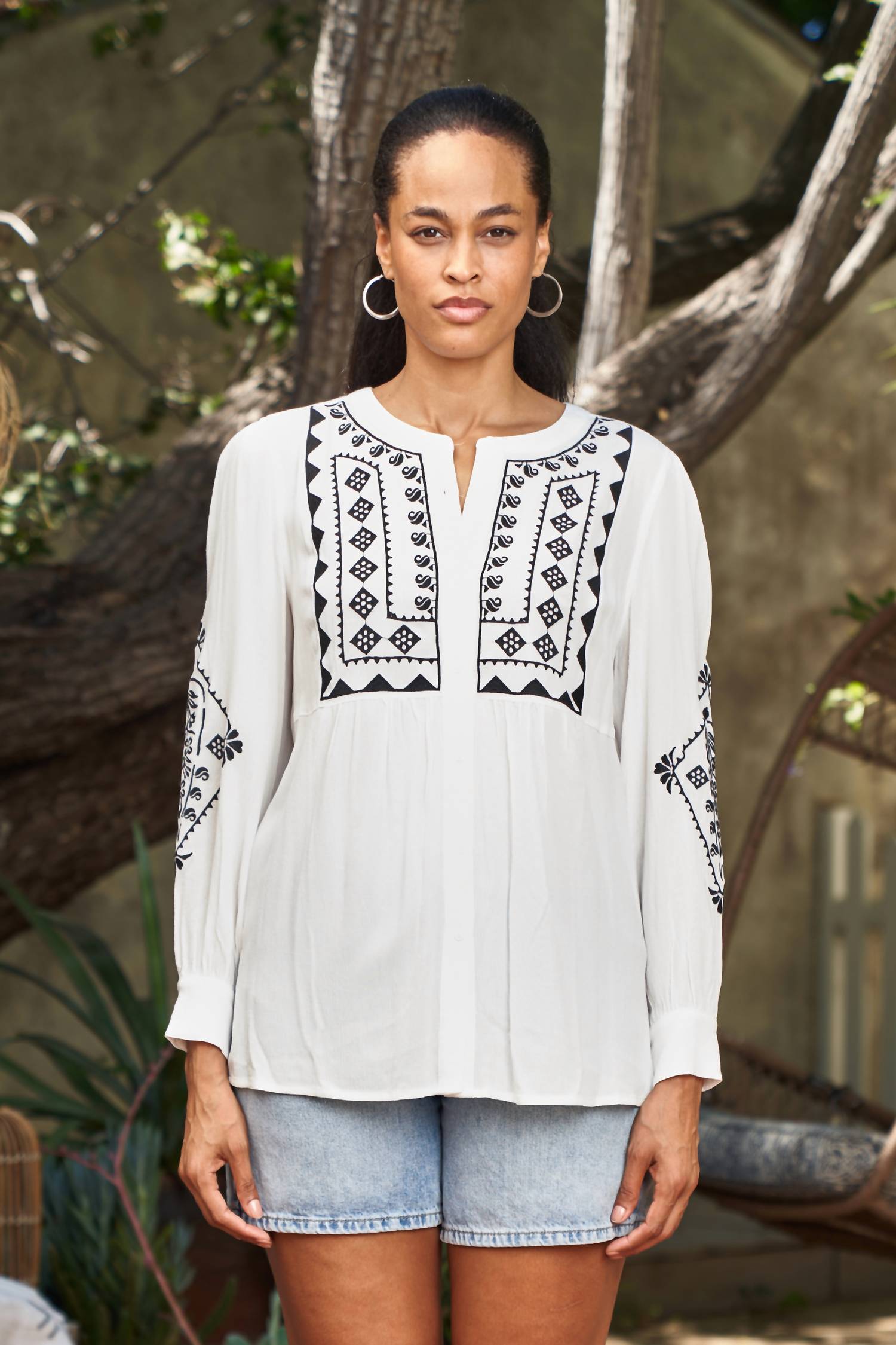 Paparazzi - Embroidered Rayon Crinkle Yoked Blouse