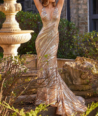 JOVANI Sequin Mermaid Prom Dress in nude silver gold - women's dress
