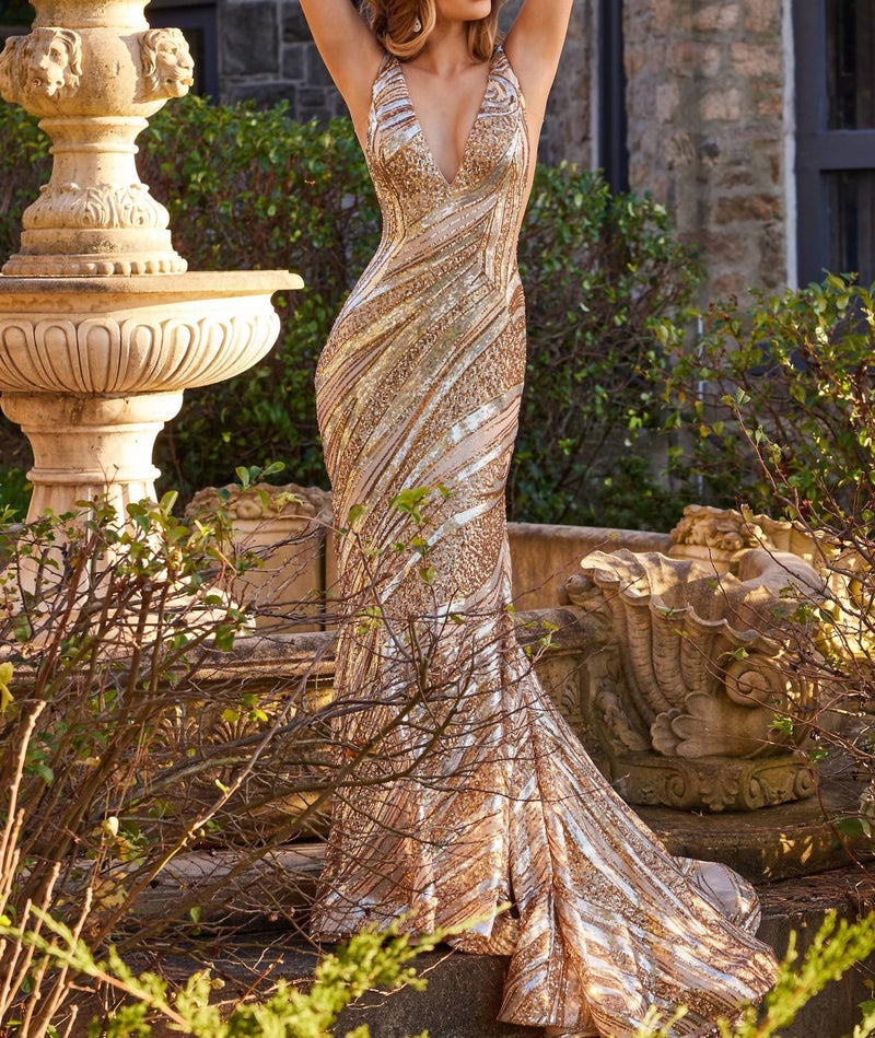 JOVANI Sequin Mermaid Prom Dress in nude silver gold - women's dress