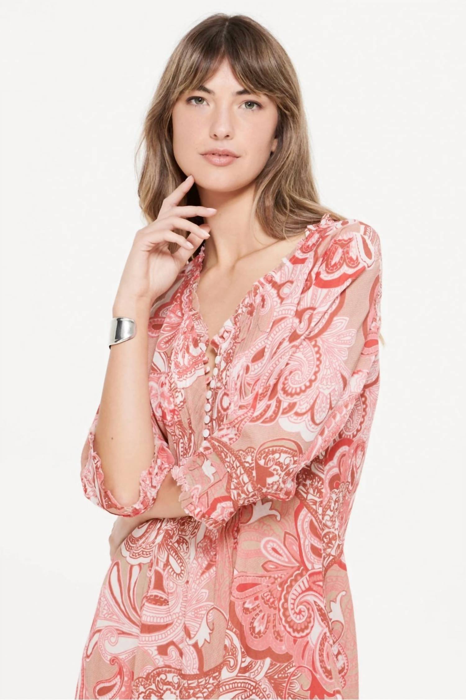 oneseason Amalfi Long Poppy Midi Dress in terracotta - women's dress - alternate view
