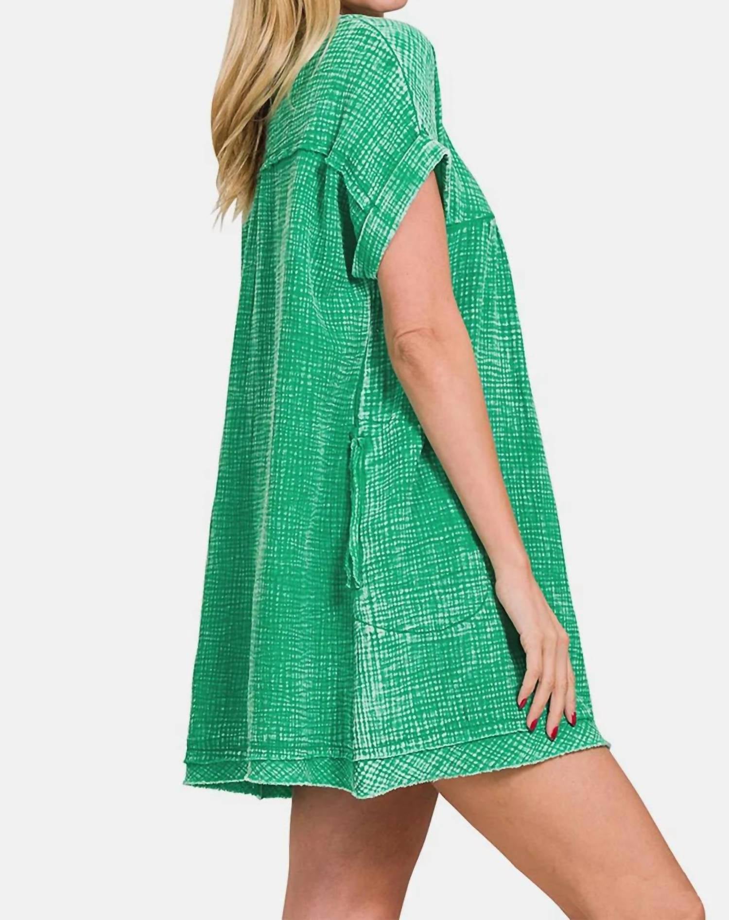 Zenana - Washed Notched Short Sleeve Mini Dress