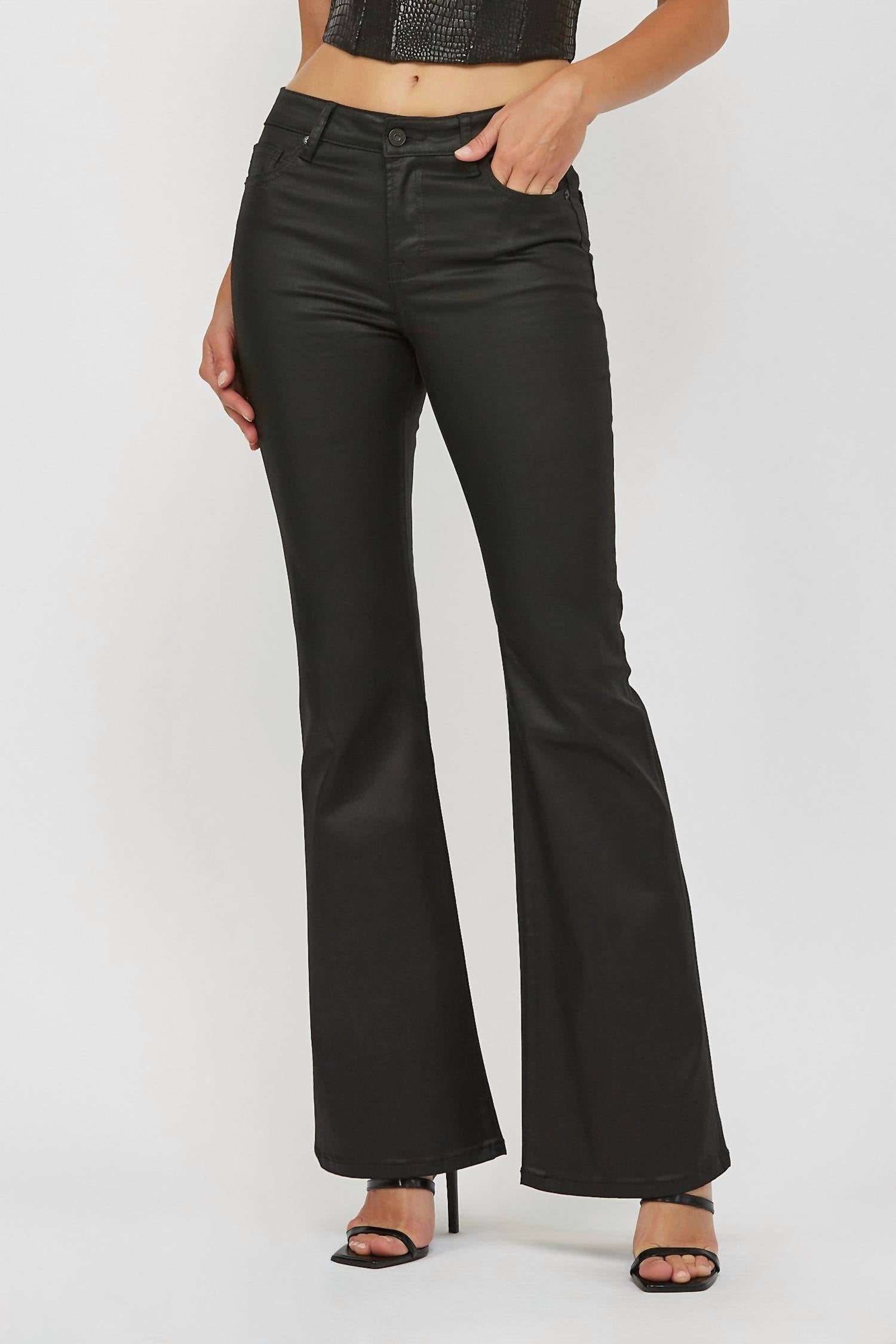 HIDDEN Coated Mid Rise Flare Pants in black - women's pants