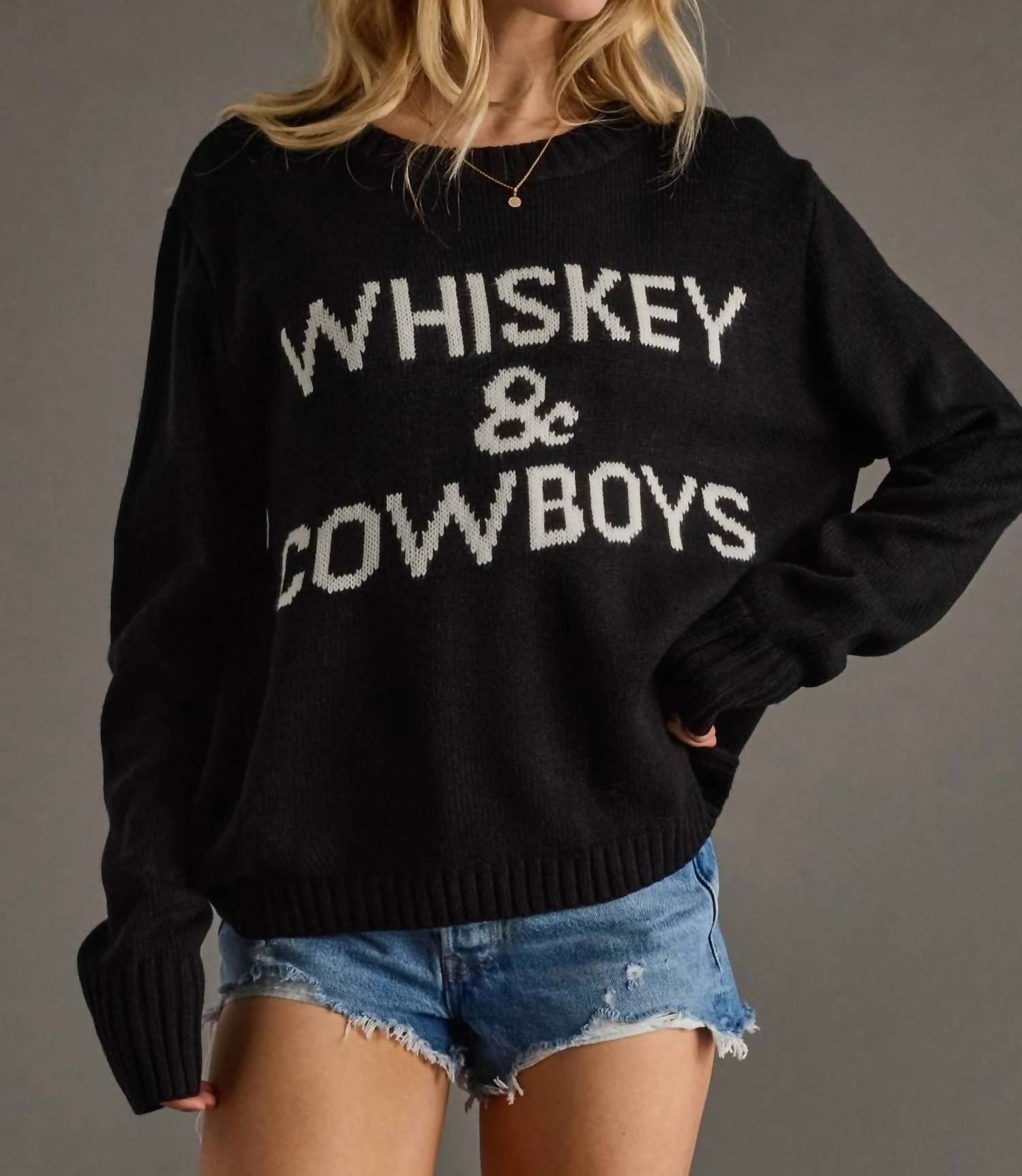 Panache Apparel Whiskey & Cowboys Sweater in black - women's sweater - detail view