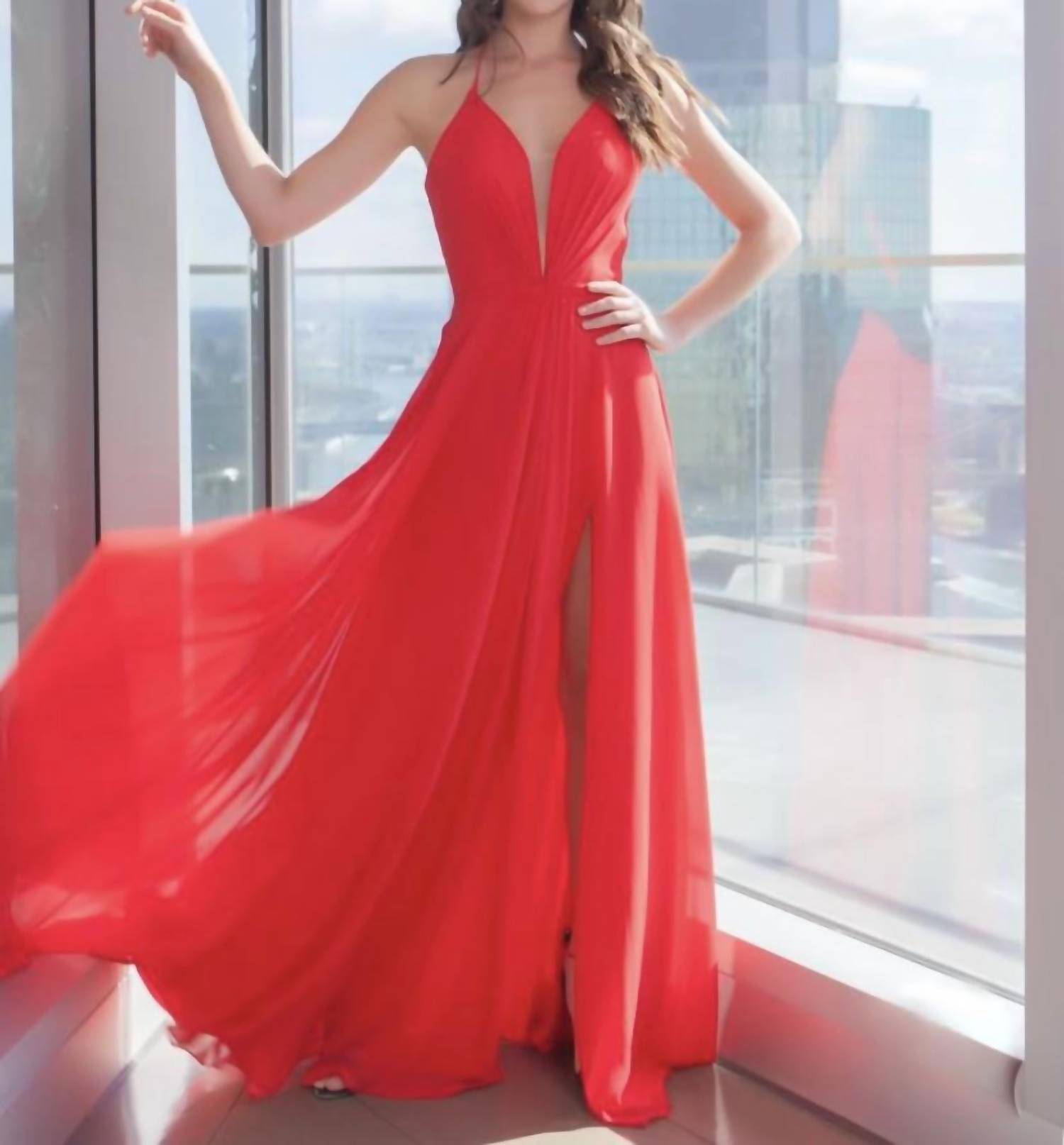 Faviana - Chiffon V-neck Evening Dress