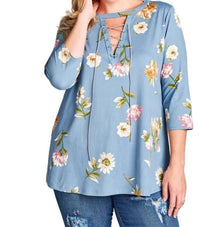 Oddi - Lace Up Floral Brushed Knit Top