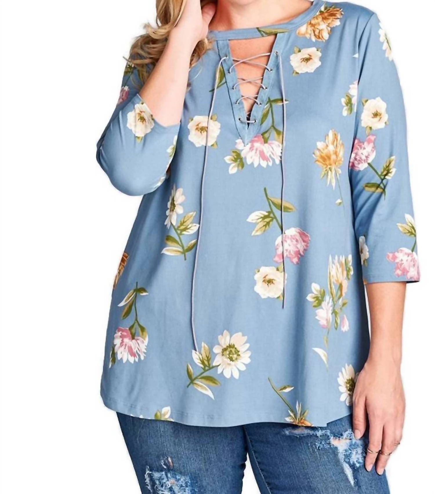Oddi - Lace Up Floral Brushed Knit Top
