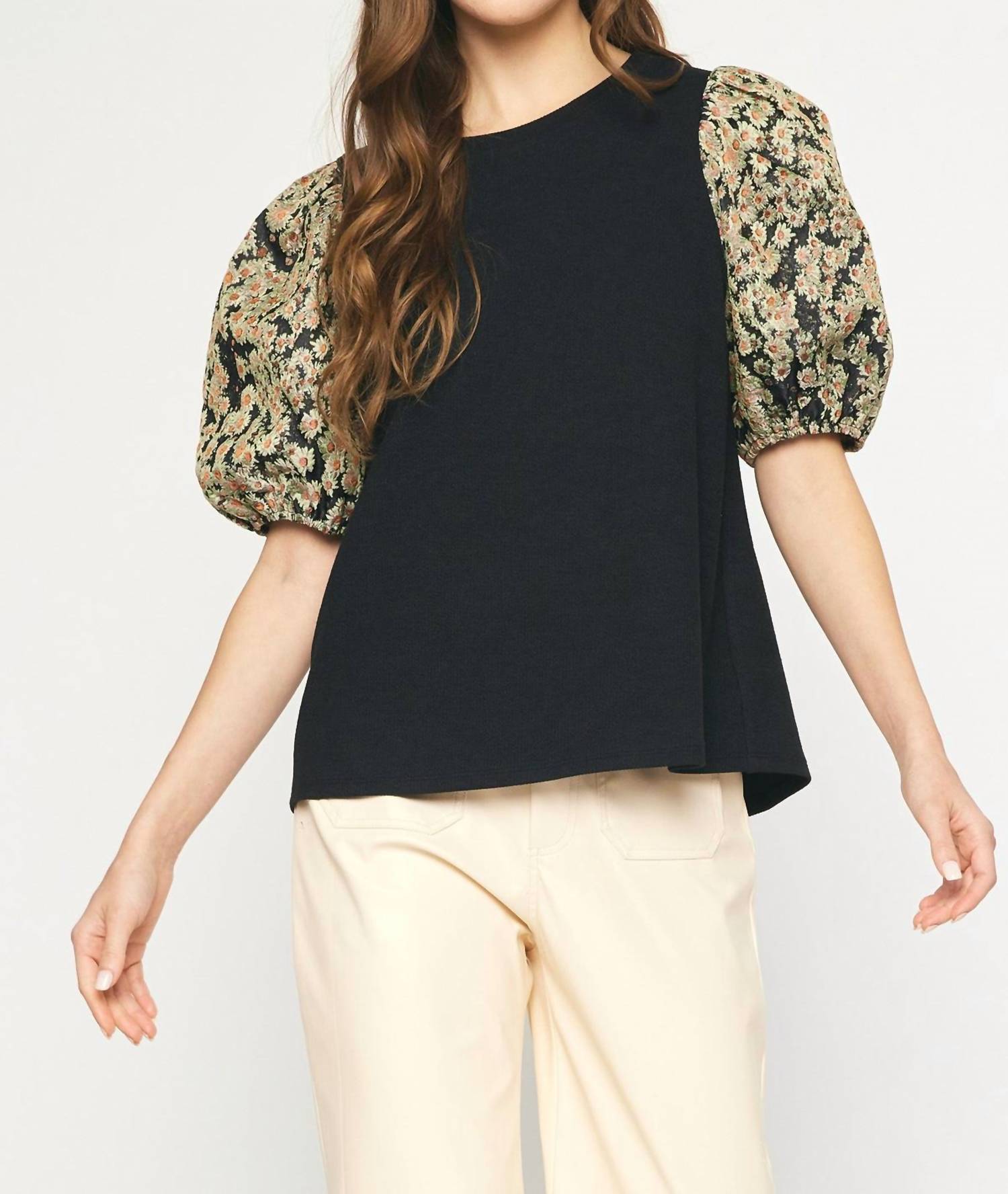 entro Floral Jacquard Sleeve Top in black - women's t-shirt - detail view