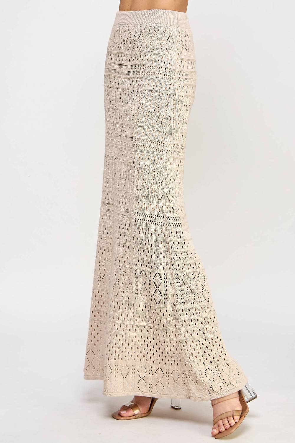 ELLISON Women's Knit Crochet Skirt in taupe - women's skirt - detail view