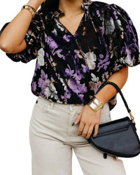 Thml - Puff Sleeve V-Neck Velvet Detail Top