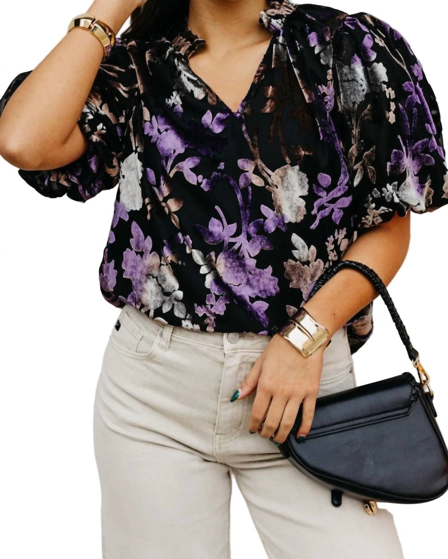 Thml - Puff Sleeve V-Neck Velvet Detail Top