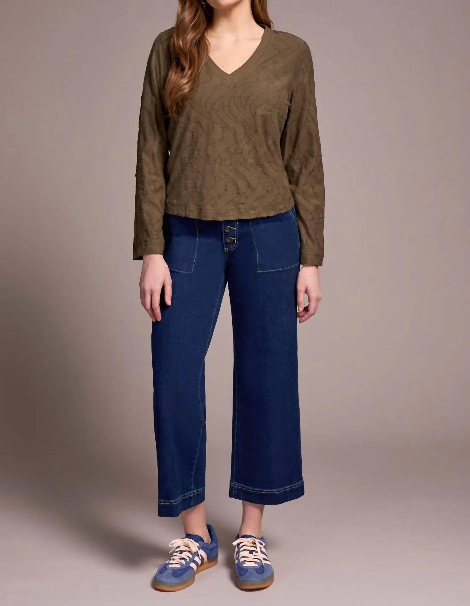 Tribal - Jacquard Knit Long Sleeve V Neck Top