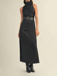 Mustard Seed - Flowy High Neck Belted Sleeveless Dress