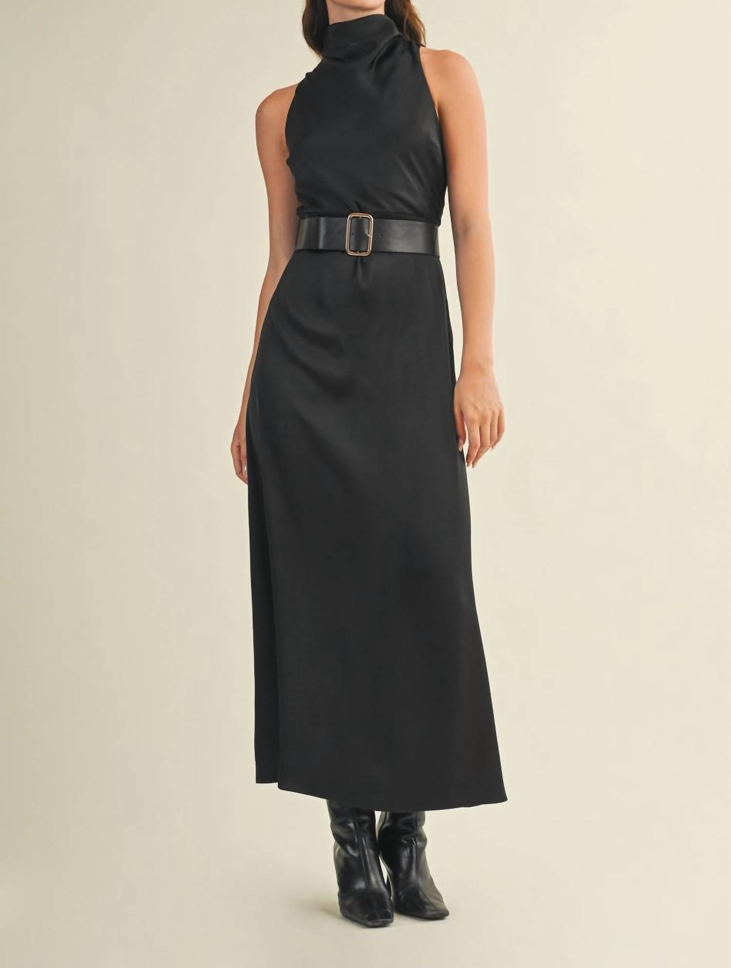 Mustard Seed - Flowy High Neck Belted Sleeveless Dress