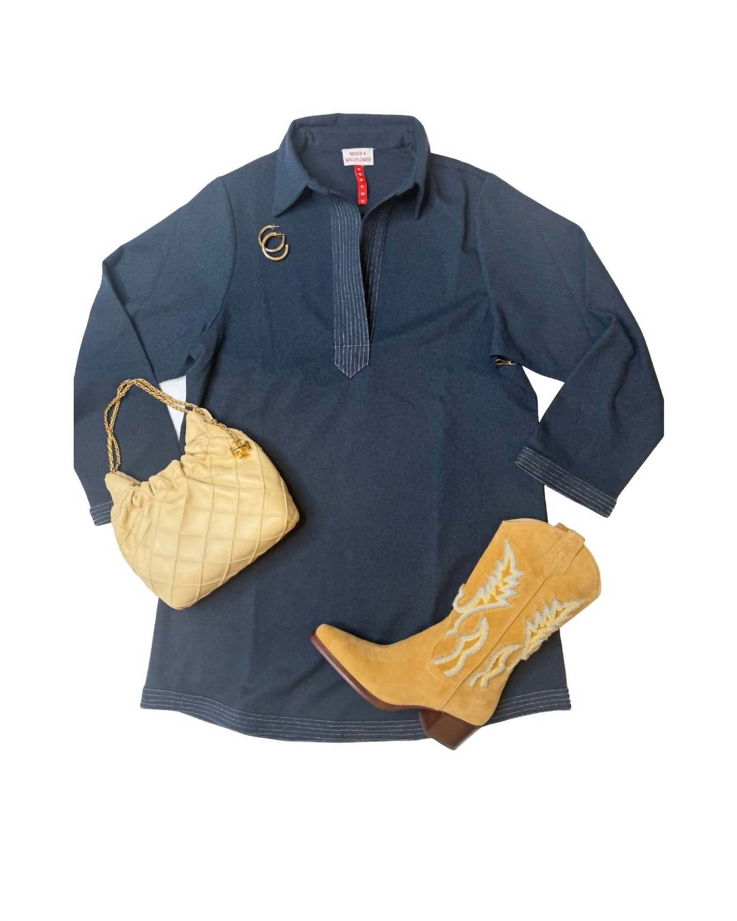 Never a Wallflower Split Neck Dress in navy boucle - women's dress - alternate view