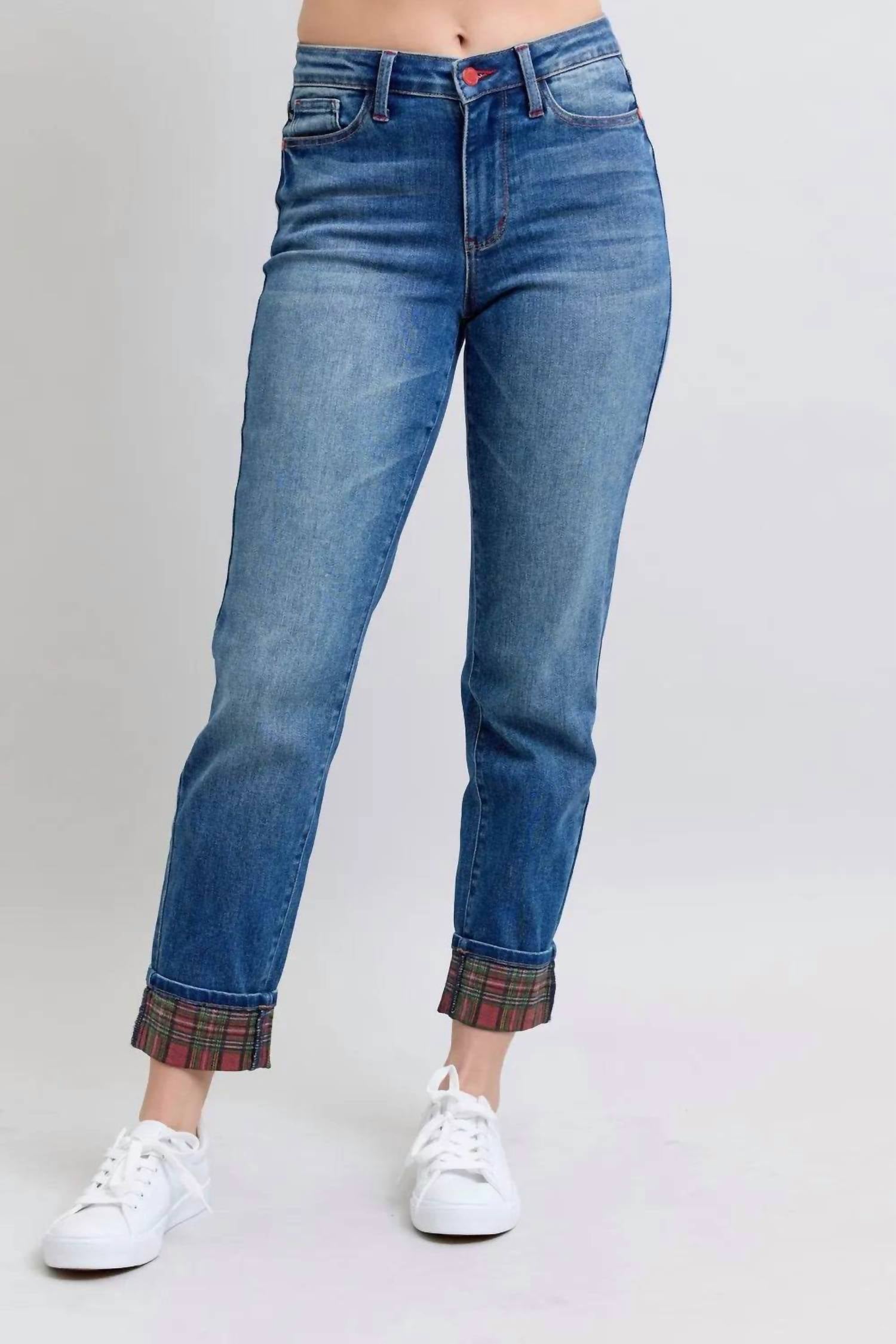 Judy Blue - Mid Rise Plaid Print Cuff Boyfriend Jean