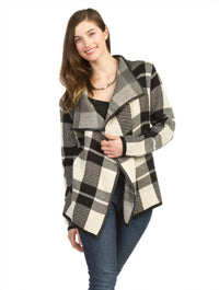 Papillon - Plaid Drape Cardigan With Leather Trim