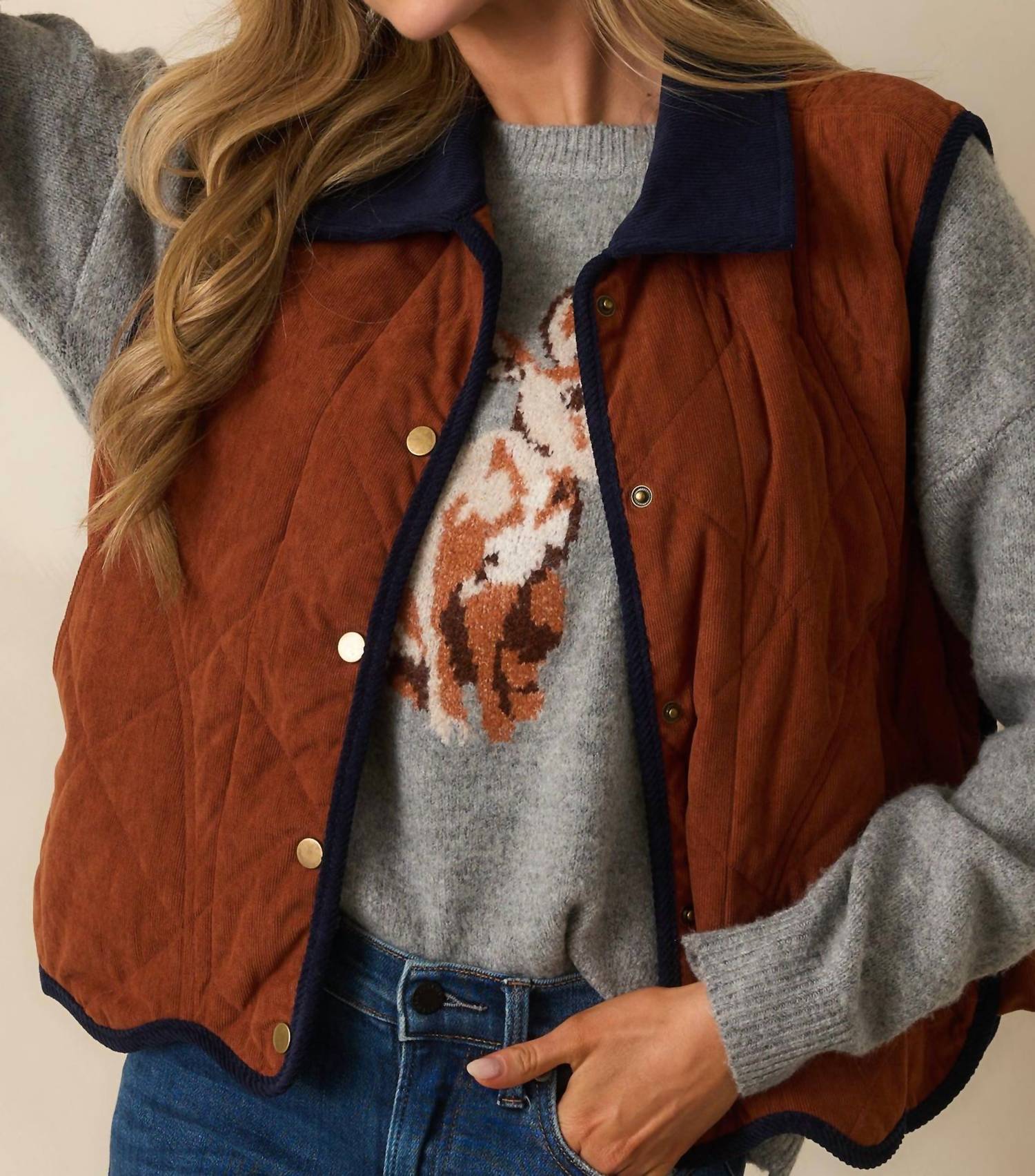 entro Collared Button Up Vest in chestnut - women's jacket