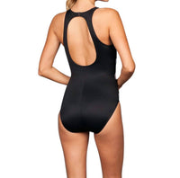 Miraclesuit Sport High Neck One Piece Swimsuit - Plus in black and white - women's swimwear - detail view