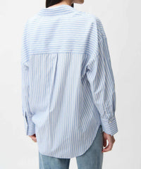 Joseph Ribkoff Tencel Stripe Print Boxy Blouse in blue vanilla - women's blouse - detail view