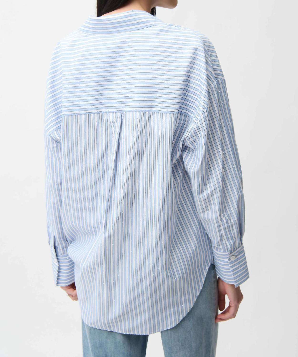 Joseph Ribkoff Tencel Stripe Print Boxy Blouse in blue vanilla - women's blouse - detail view