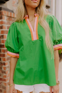 Style Usa - Puff Sleeve Top With Stripe Trim