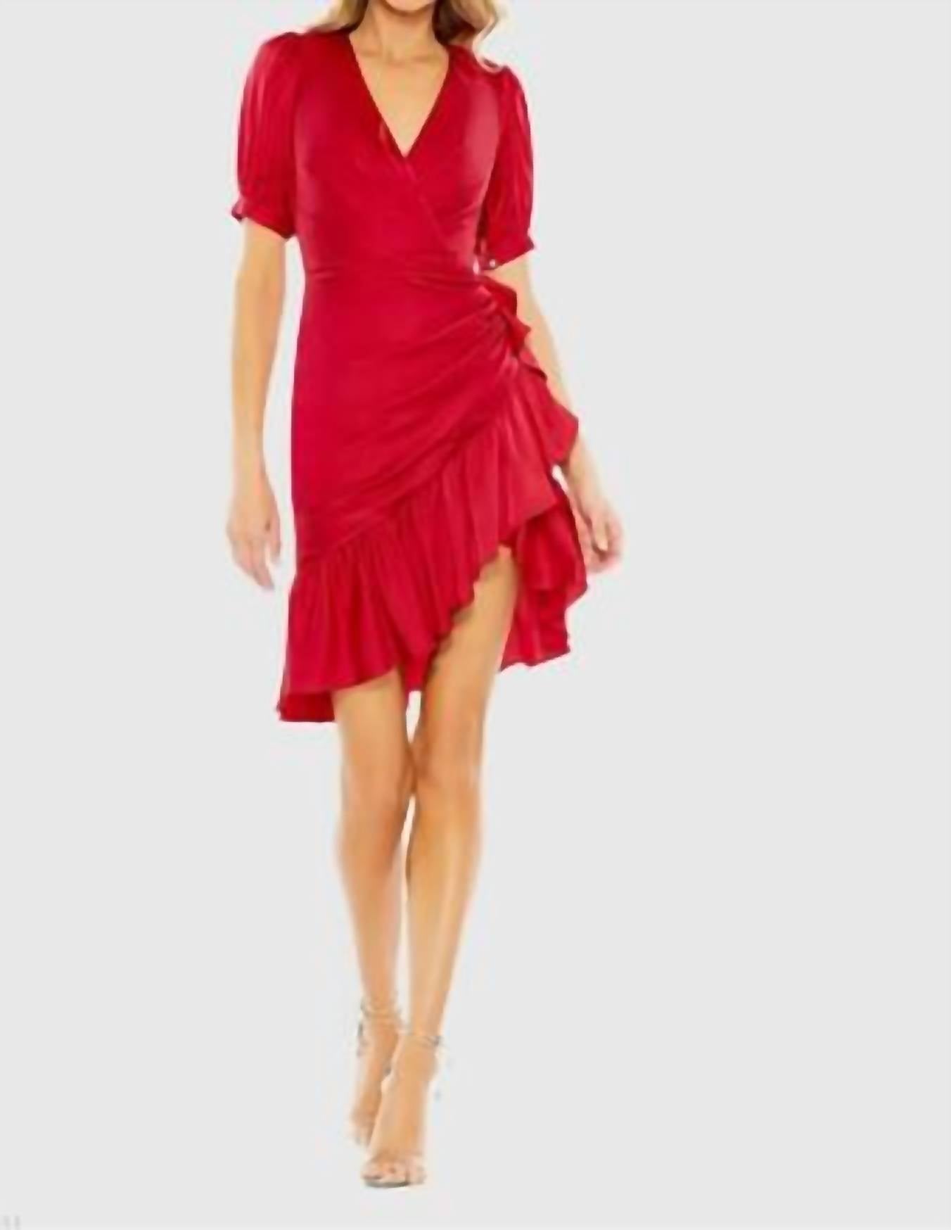 Mac Duggal - Short Puff Sleeve Faux Wrap Mini Dress