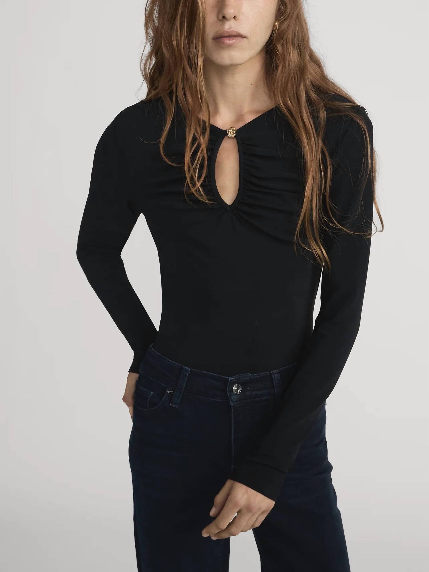 FRAME Keyhole Top in black - women's long sleeve top