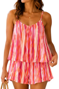 She + Sky - Thin Strap Woven Print Pleated Romper