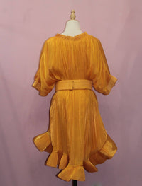 Productseeker Women's Elegant Puff High-waist Cape Dress in yellow - women's dress - detail view