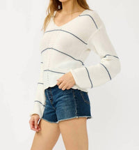LOVESTITCH V-Neck Fuzzy Stripe Sweater in cream navy - women's sweater - detail view