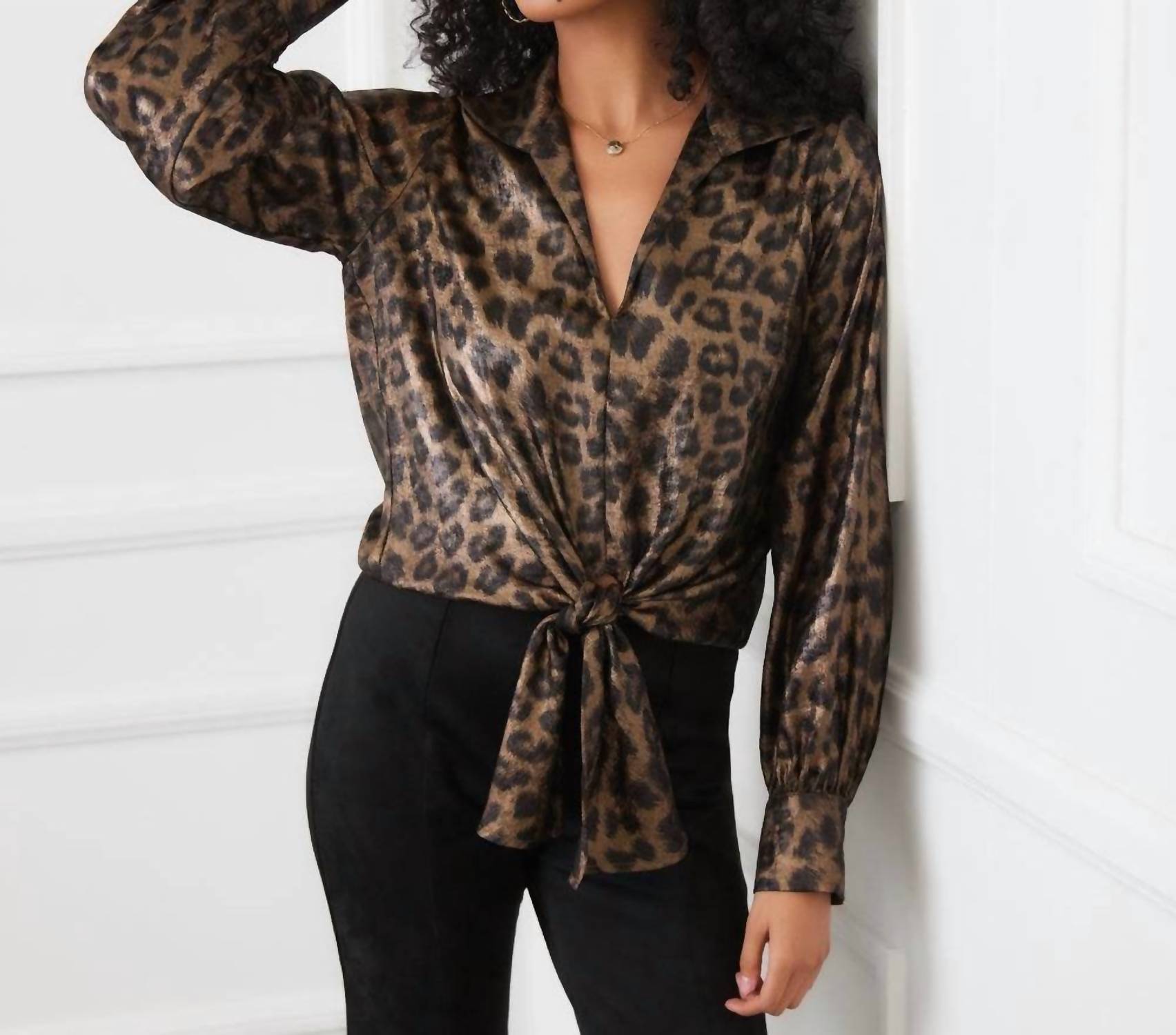 Karen Kane Long Sleeve Tie-Front Top in leopard 1 - women's blouse - view 5