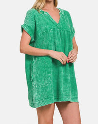 Zenana - Washed Notched Short Sleeve Mini Dress
