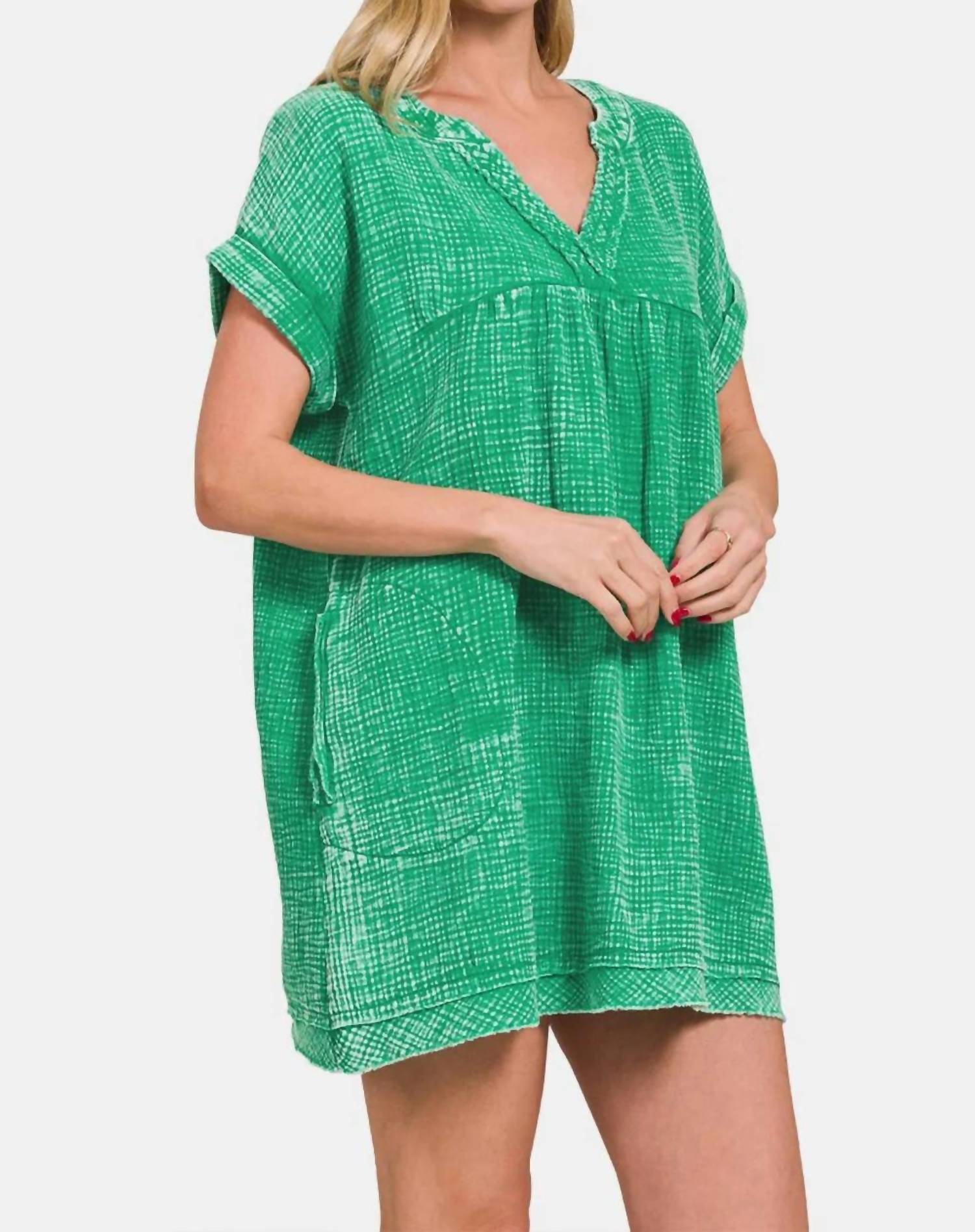 Zenana - Washed Notched Short Sleeve Mini Dress