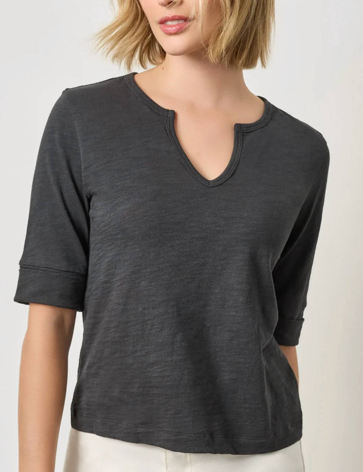 Lilla P - Rib Trim Elbow Split Neck Top