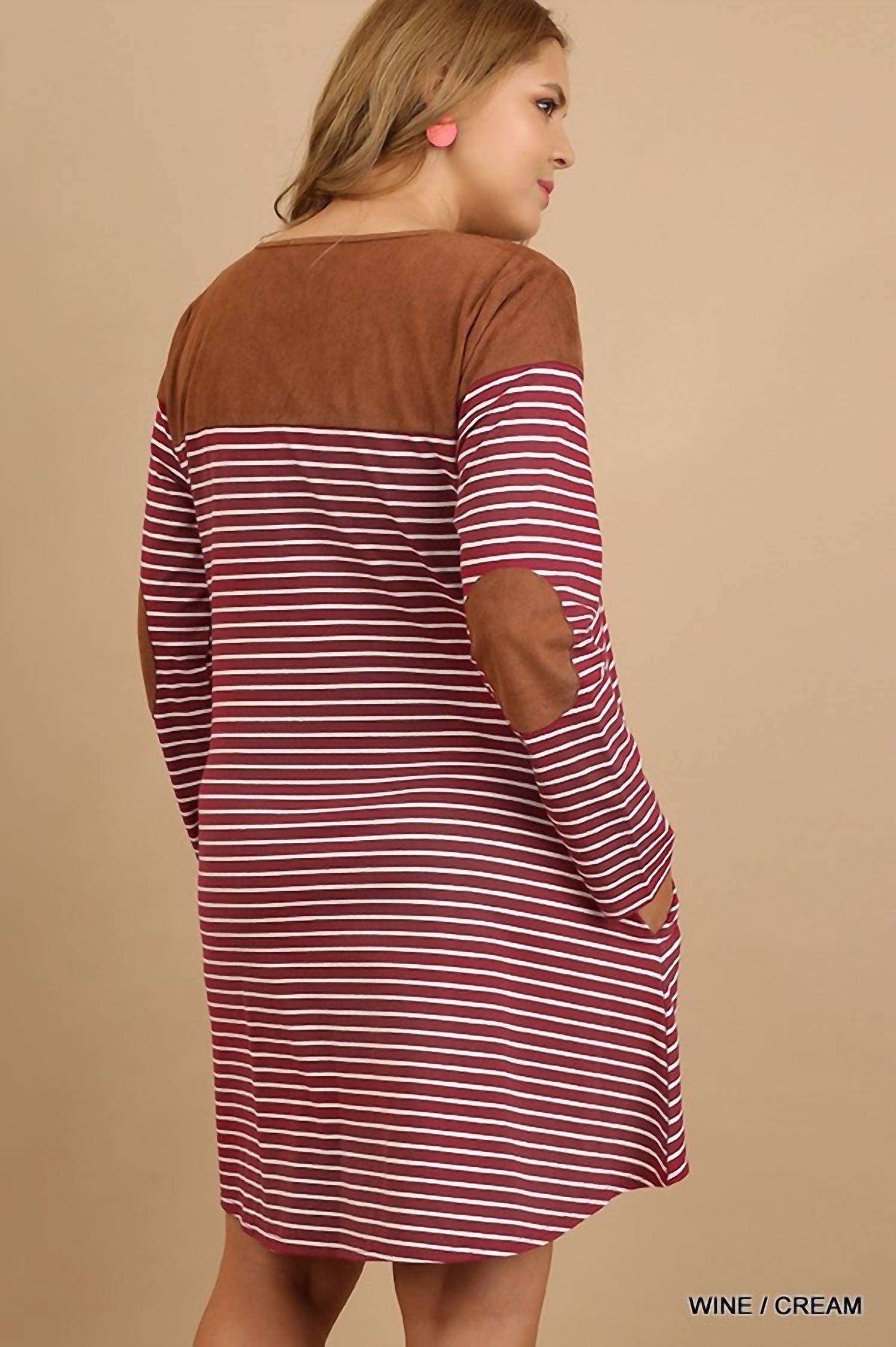 Stripe Plus Dress With Suede Shoulders And Elbow Patch