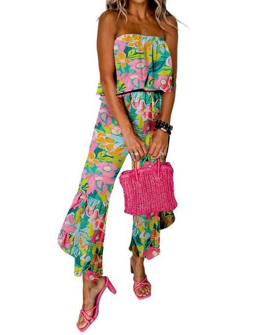 Livefashionway - Mix Tropical Print Strapless Ruffled Jumpsuit