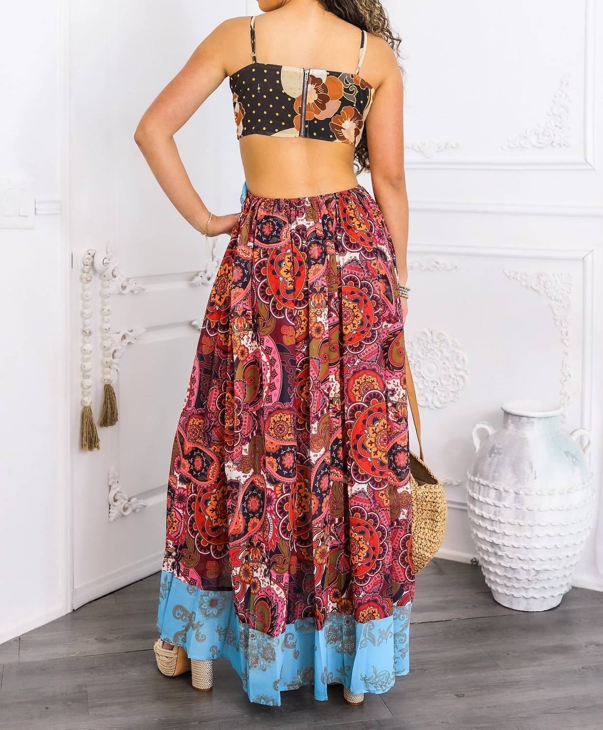 Surelymine - Boho Patchwork Cutout Maxi Dress with Side Slit