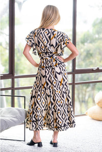 Cienna Monifa Frill Wrap Dress in black cream gold - women's dress - detail view