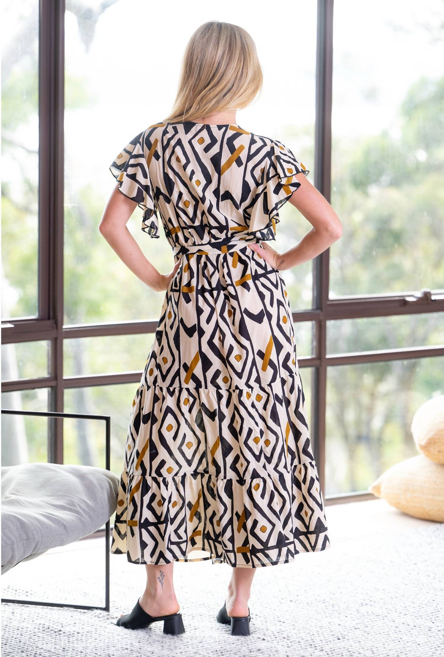 Cienna Monifa Frill Wrap Dress in black cream gold - women's dress - detail view