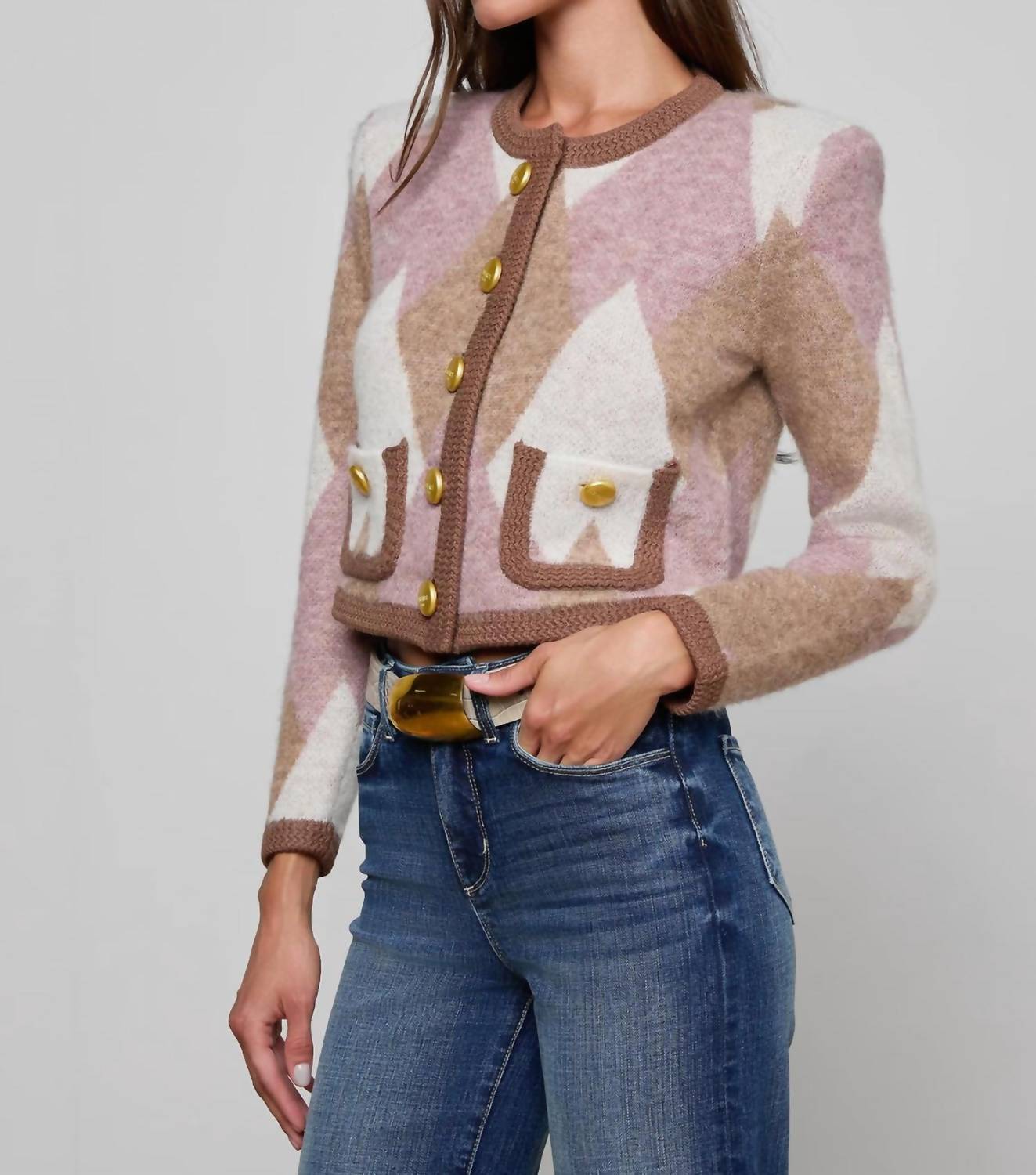 L'Agence Siobhan Long Sleeves Cardigan in natural mauve - women's cardigan - alternate view