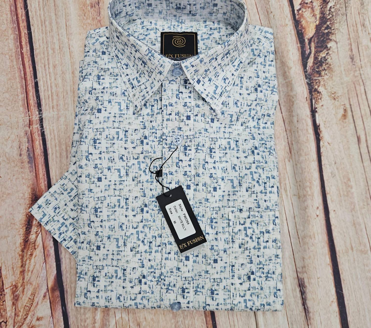 F/X Fusion Men's Short Sleeve Mini Abstract Print Shirt in blue green white - men's shirt - detail view