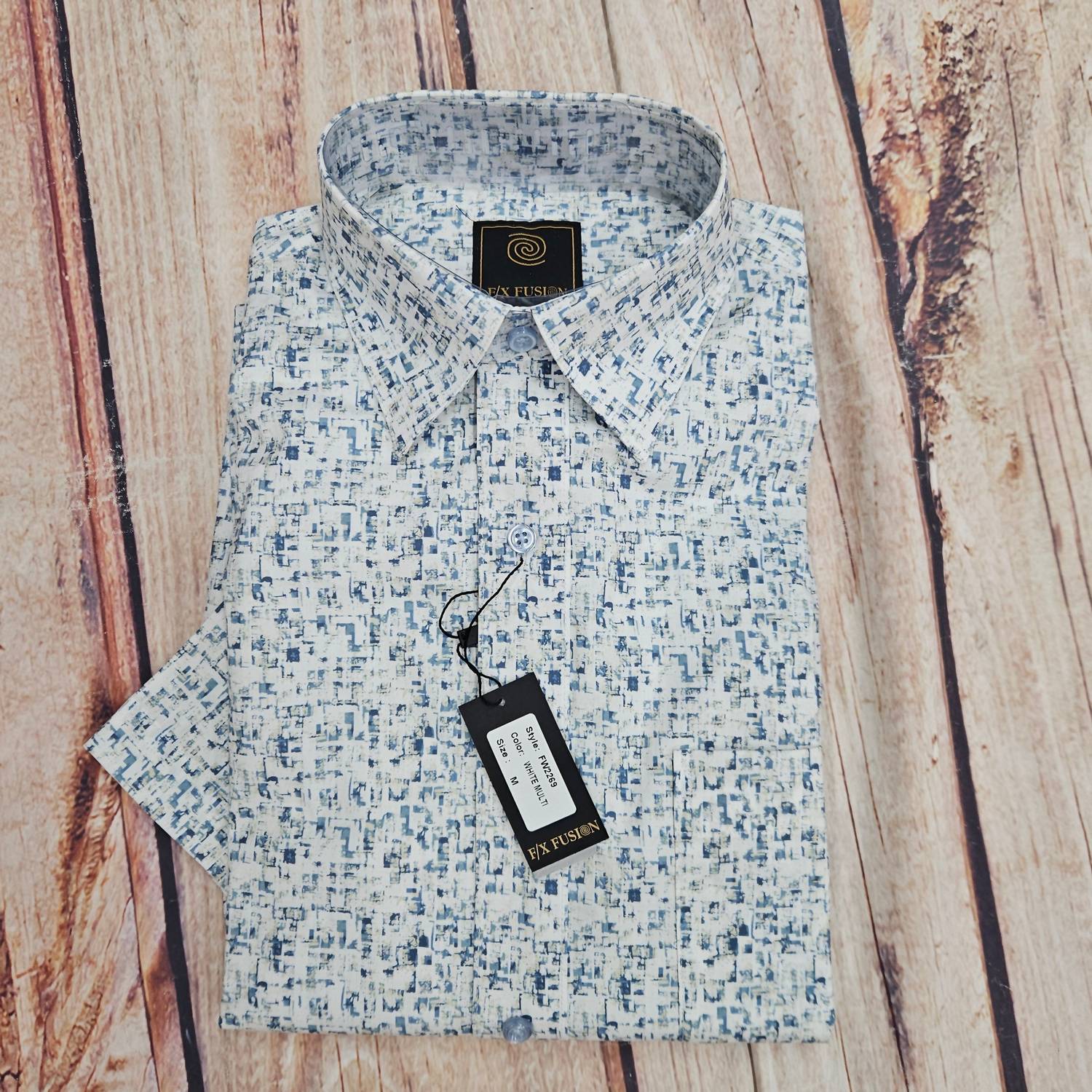 F/X Fusion Men's Short Sleeve Mini Abstract Print Shirt in blue green white - men's shirt - alternate view