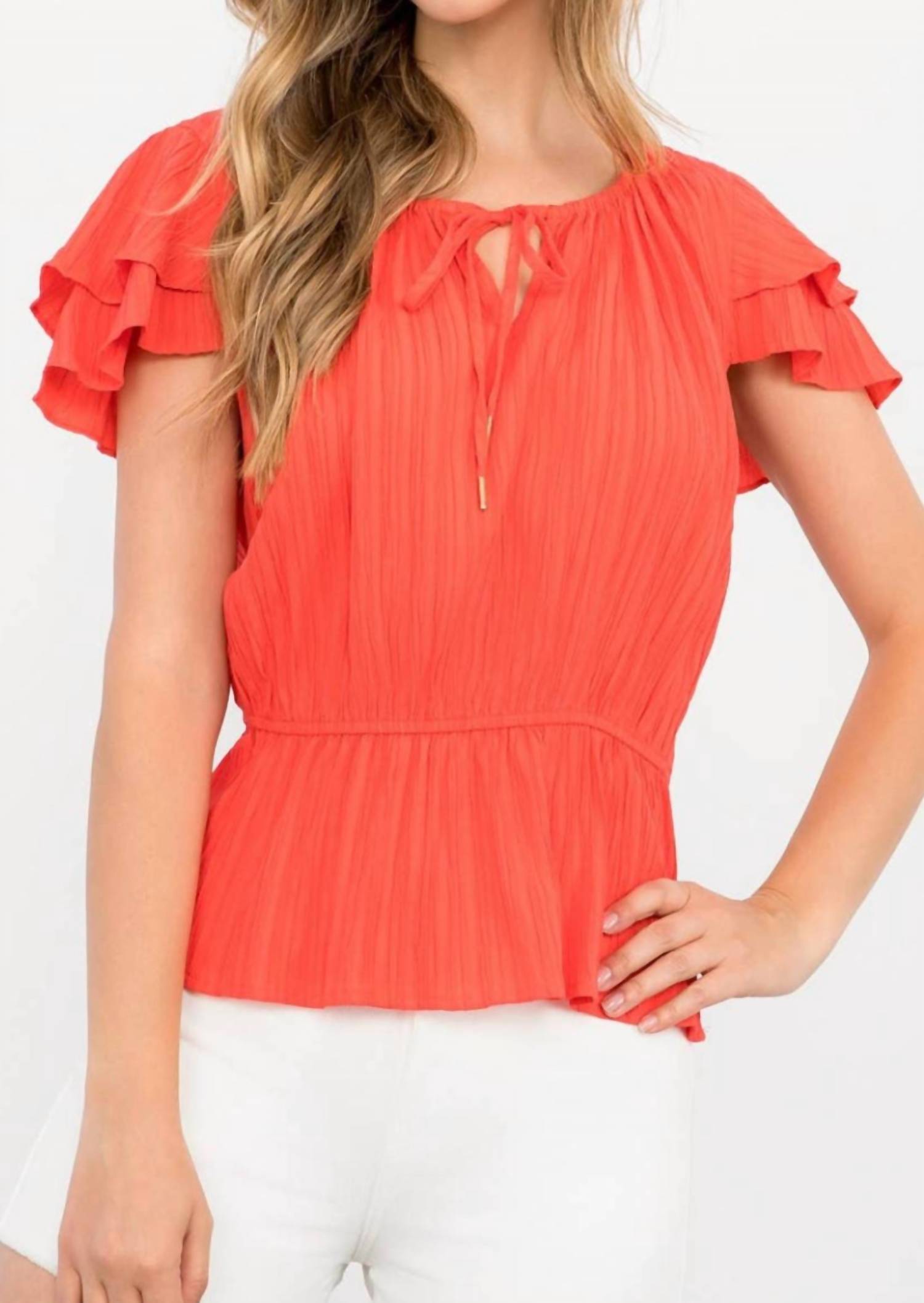 THML Tiered Sleeve Blouse in coral - women's blouse