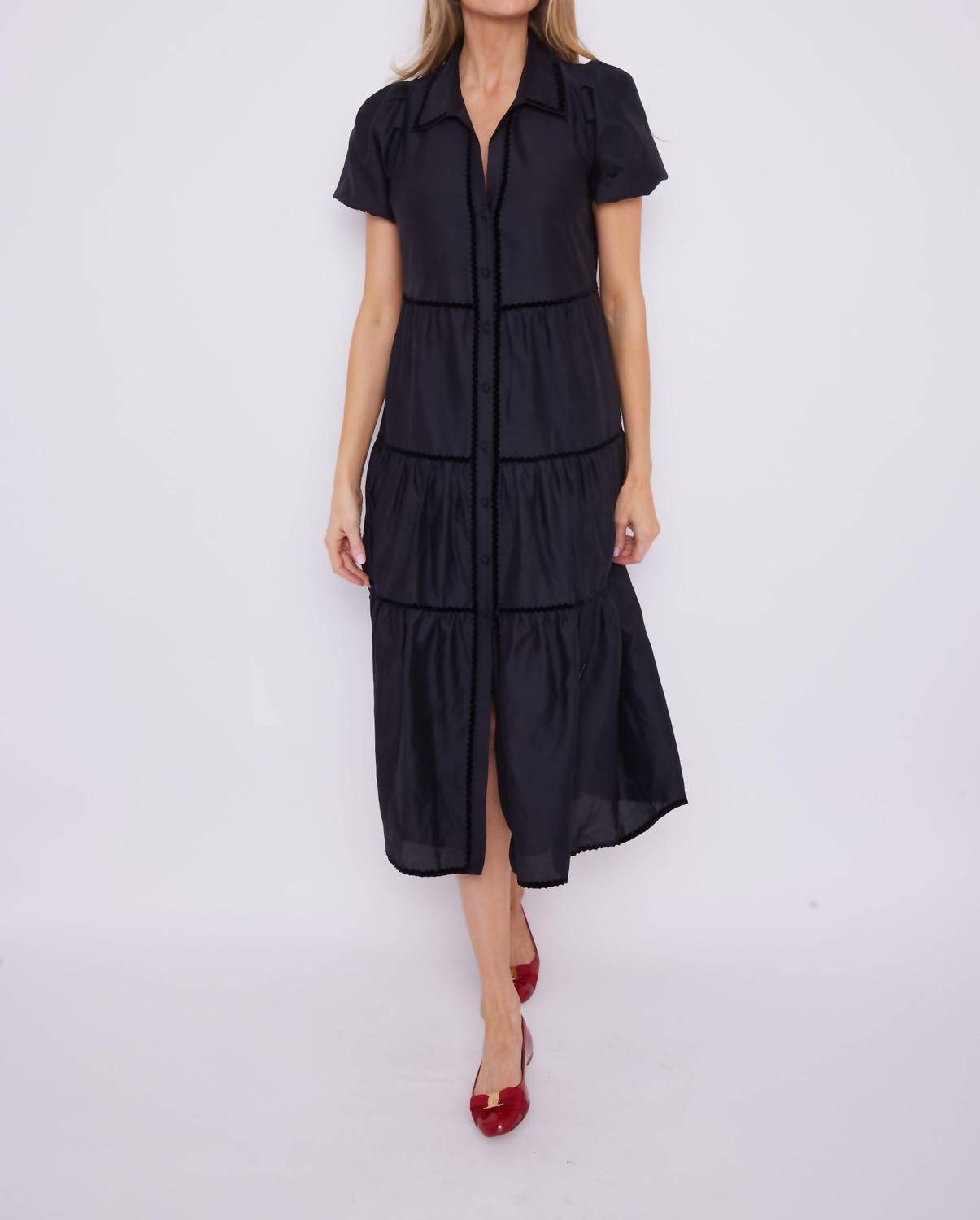 Sail To Sable - Puff Sleeve Midi Shirt Dress