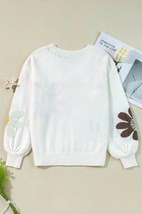 Umorger - Women's Flower V-neck Dropped Shoulder Sweater