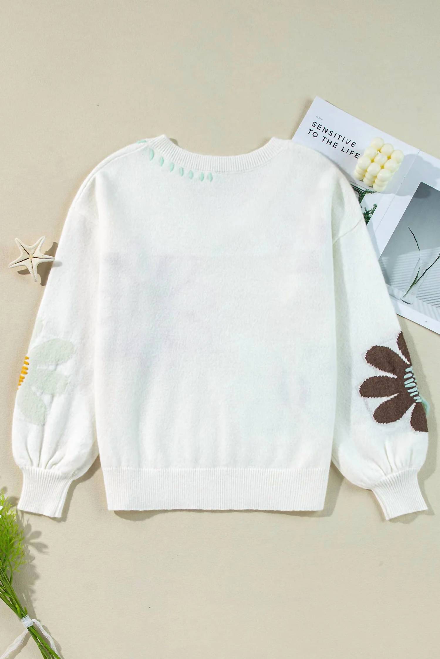 Umorger - Women's Flower V-neck Dropped Shoulder Sweater