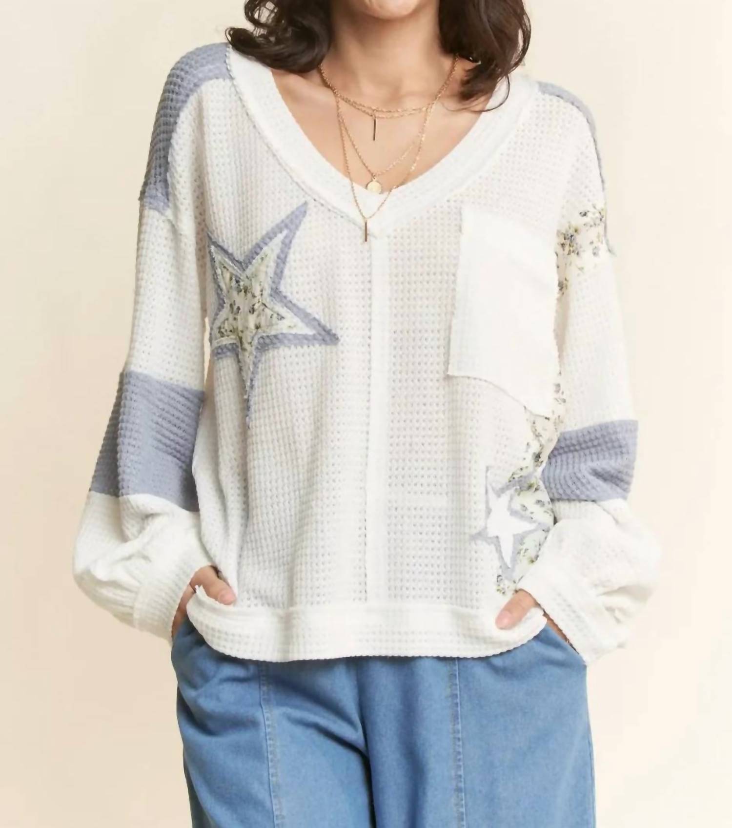 Davi & Dani - Blooming Star Waffle Knit Long Sleeve Top